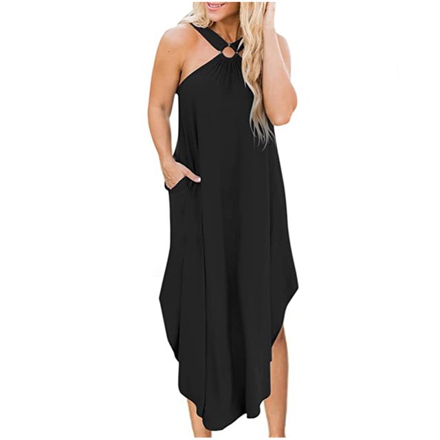AherBiu Robe d'Été pour Femmes Sans Manches à Bretelles Longue Robe Irrégulière Robes Confortables avec Poche