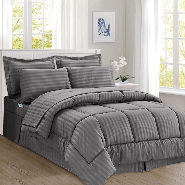 Mocassi Cozy & Soft 8-Piece Bedding Set - Includes Comforter, Smart Sheet Set, Bed Skirt, Matching Pillowcases and Shams, Striped Design, Full/Queen, Gray Comforter Set