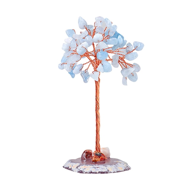 Crystal Tree for Positive Energy featuring a copper wire trunk and branches adorned with light blue crystal quartz leaves. The base is a natural agate slice with unique patterns, adding a decorative touch. Ideal for feng shui, chakra decor, meditation spaces, or as a thoughtful gift for various occasions.