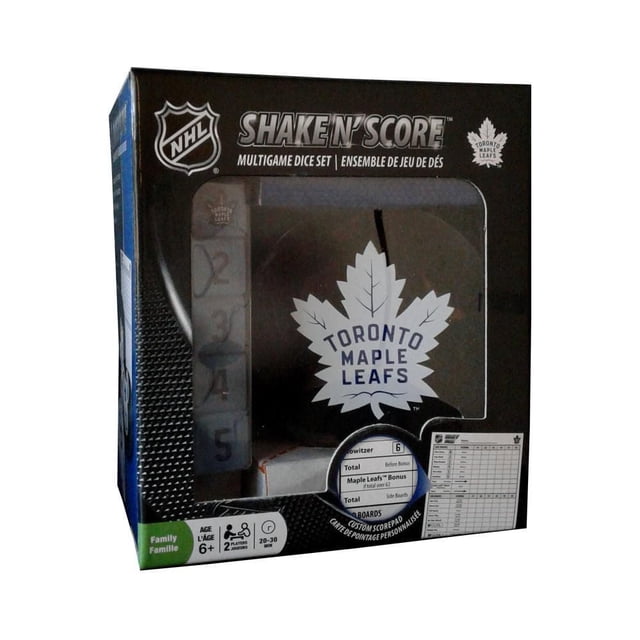 Masterpieces Casse-Tête Company LNH Maple Leafs de Toronto Shake 'n Score Ensemble de dés Multi-Jeux avec une Coupe de dés de Rondelle de hockey Noire Présentant le logo Maple Leafs de Toronto, Cinq dés Translucides avec des Chiffres et des Symboles de hockey, et un Tableau de Pointage Personnalisé, Conçu pour Deux Joueurs Ou Plus de 6 Ans et Plus, Idéal pour les Voyages, les Tailgates Ou les Salles de Jeux Familiales.