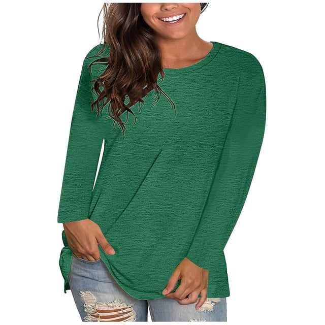 T-shirts à Manches Longues pour Femmes, Couleur Unie, Décontractés, Col Ras du Cou, Automne Hiver, T-Shirts Basiques
