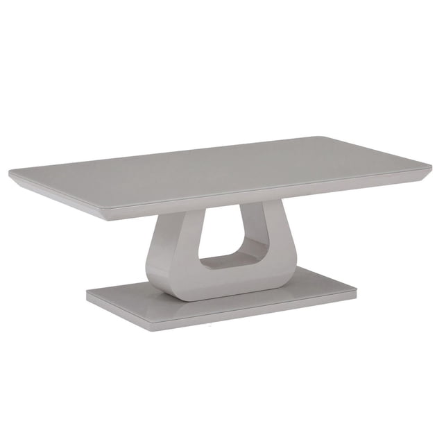 Table Basse Rectangulaire Contemporaine en MDF et Verre, Gris Chaud, avec Fini Très Lustré, Dotée d'Un Dessus et d'Une base Rectangulaires en Verre Trempé Teinté Gris, Soutenue par une base Piédestal Moderne avec Centre Ajouré, Idéale pour le Salon et l'Utilisation comme Table d'Appoint, Convient Aussi à l'Exposition d'Articles Décoratifs.