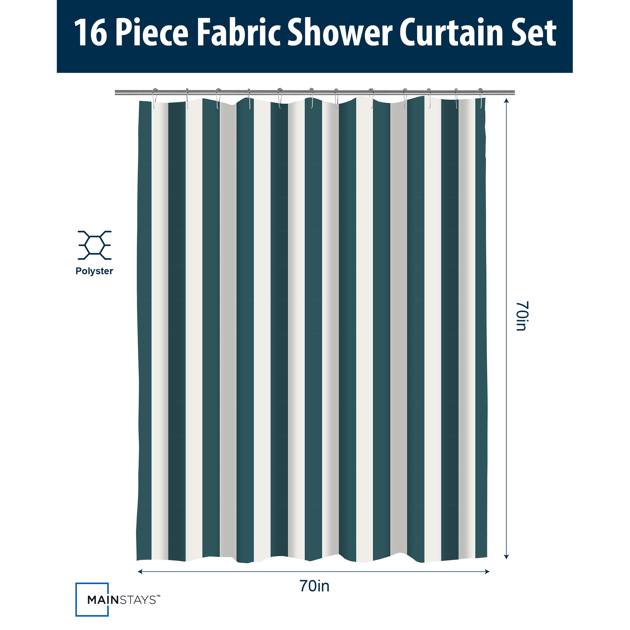 Mainstays 16-Piece Teal Shower Curtain Bathroom Set – Fabric Curtain with Rug, Hooks, Soap Dispenser & Tray