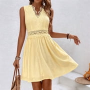 Neewe Summer Midi Sundresses for Women Loose Plain V Neck Sleeveless Tunic Waist Casual Knee Length Ruff Hem Dress