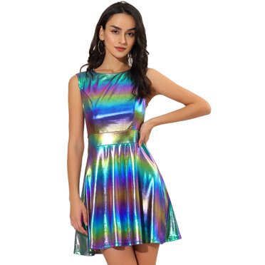 INSPIRE CHIC Robe Évasée pour Femme Métallique Sans Manches à Col Rond Taille Haute Robe Courte de Soirée S Bleu Violet