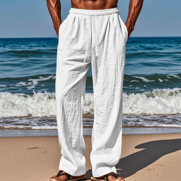 LOVZFMLL Casual Full Pants for Men, Men's Summer Wide Leg Solid Pants Lounge Pants Vocation Wear Trousers with Pockets and Drawstring White L