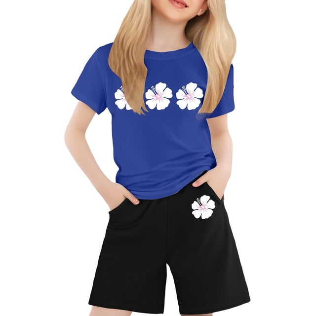 Tenue pour Bébé Fille T-Shirt à Manches Courtes Col Rond Imprimé Décontracté Vêtements pour Adolescentes Bleu 3-4 Ans