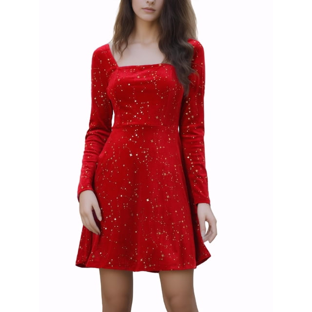INSPIRE CHIC Robe de Soirée pour Femme à Imprimé d'Étoiles, Encolure Carrée, Mini Robe Vintage de Bal en Velours, L Rouge Vin