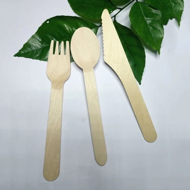 KAKOWELY wood untensils 100pcs Wooden Forks Spoons Cutters Set Disposable Wood Cutlery Utensils Tableware for Dinner Barbecue (30pcs Spoons 40pcs Forks 30pcs Cutters)