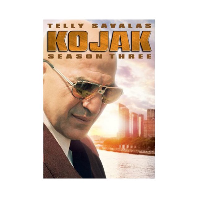 STUDIO DISTRIBUTION SERVI KOJAK-SEASON 3 (DVD) (6DISCS) DSF13068D featuring Telly Savalas as Lieutenant Theo Kojak. The DVD cover highlights bold text 'KOJAK THREE' with a cityscape background and warm lighting. A factory sealed TV series DVD collection released in 2012 by Universal Home Video.