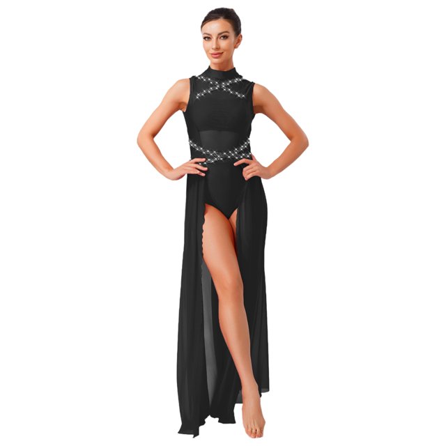renvena Costumes de Danse Lyrique pour Femmes Sans Manches à Col Roulé Dos Nu Robe Maxi en Maille Tulle Noire G