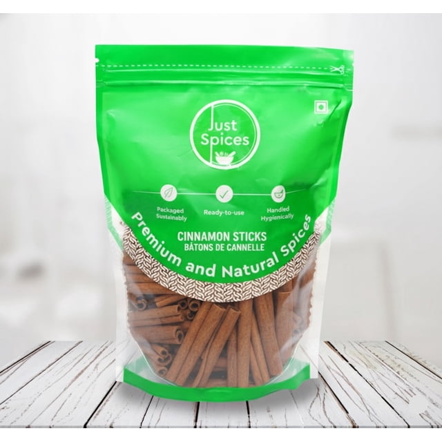 Just Spices - Whole Cinnamon Stick Round, 1 lb package featuring 3-inch premium Indian cinnamon sticks. The resealable green pouch displays the brand logo and product details, emphasizing sustainable packaging and hygienic handling. The cinnamon sticks are visible through the transparent section of the bag, showcasing their rich brown color and natural texture. Ideal for baking, cooking, and beverages, these aromatic and versatile whole spices are perfect for enhancing both sweet and savory dishes.