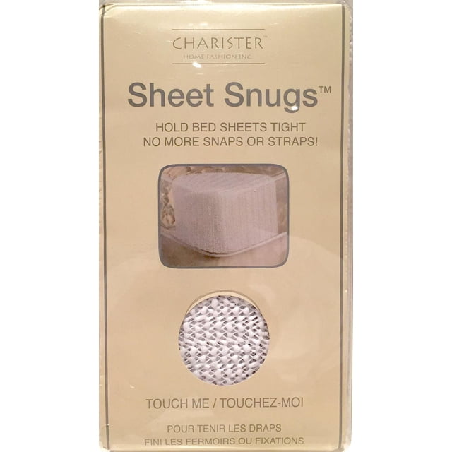 Charister Feuille de Mode pour la Maison, Emballage sur Carte beige avec Nom de Produit et description, Montrant une Petite image d'Un Bloc de Mousse Texturée Blanche Qui Tient les Draps Serrés sur les Protège-Matelas Sans Boutons-Pression Ni Sangles, et une Découpe Circulaire Affichant le Matériau en Mousse Qui Empêche les Draps de Glisser.