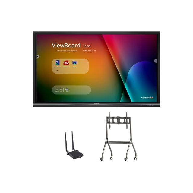 ViewSonic ViewBoard IFP6550-E4 65-inch LED-backlit LCD display with 4K UHD resolution, touchscreen functionality, and interactive flat panel features. Includes ViewSonic LB-WIFI-001 wireless adapter and VB-STND-005 slim trolley cart for mobility and height adjustment. Ideal for education, digital whiteboarding, and collaborative environments.