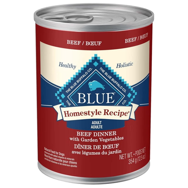 Blue Buffalo Recette Maison Nourriture Humide pour Chiens Adultes, Souper au Bœuf, Boîte de 12,5 Oz avec Étiquette Rouge et Crème Présentant le logo Blue Buffalo, Ingrédients Naturels, Légumes du Jardin et Vitamines et Minéraux Ajoutés pour Chiens Adultes, Convient comme Repas Ou Mélangé à une Nourriture Sèche.