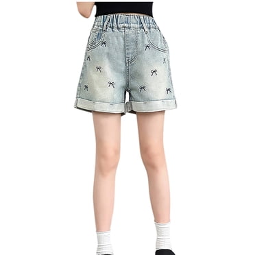 Shorts en Denim Ajustés pour Filles, Taille Haute Élastique, Jeans Décontractés d'Été, Déchirés, Ourlet Roulé, Écumoire, Shorts Mi-Longs, Pantalons, Bleu, 4-5 Ans