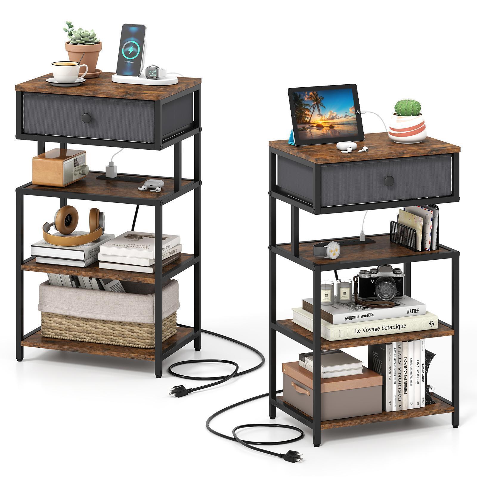 GiantexSet of 2 Nightstands,Tall Bedside Tables w/ Open Storage Shelves, End Tables for Home