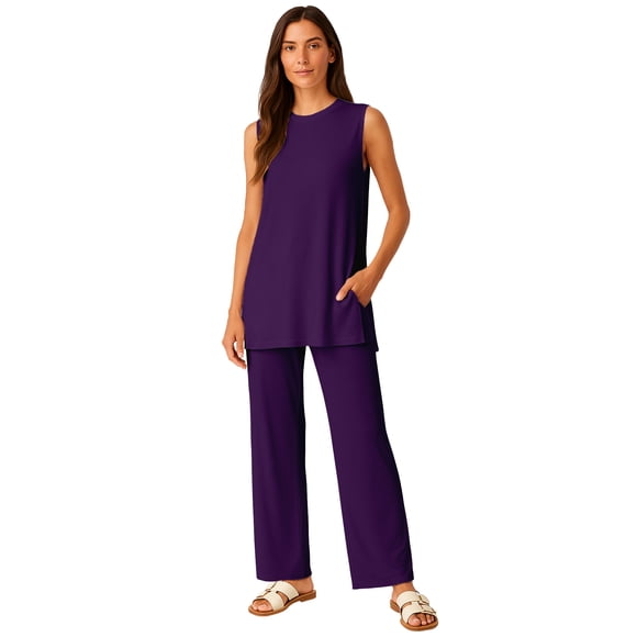 Moomaya Womens Viscose Jersey 2 Piece Lounge Set - Buttery Soft Tank Top and Wide Leg Pants with Pockets - Ladies Lounge Set