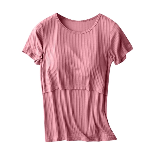 Penkiiy T-Shirts d'Allaitement pour Femmes, Manches Courtes, Col Rond, T-Shirts, Blouse Multifonction, Chemise Post-Partum Unie, Rouge, pour TG