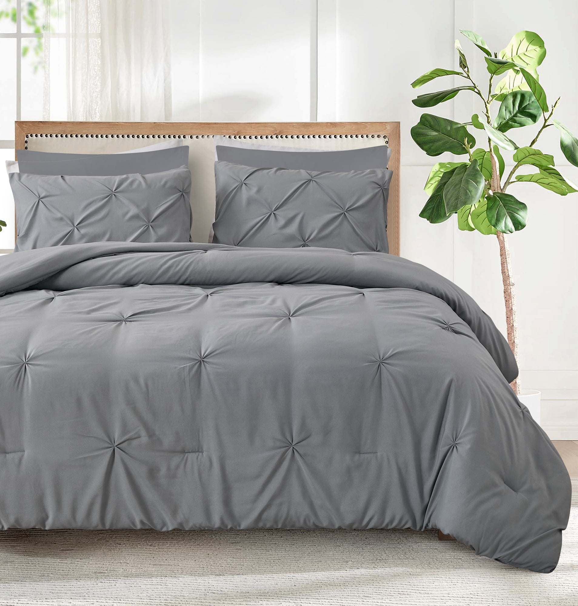 Marina Decoration Ultra Soft Luxury Fluffy Goose Down Alternative Solid Geometric Pintuck Tufted Bedding Set Pinch Pleated Comforter with Ruffled Shams, Grey Color