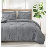 Marina Decoration Ultra Soft Luxury Fluffy Goose Down Alternative Solid Geometric Pintuck Tufted Bedding Set Pinch Pleated Comforter Set with Ruffled Shams, Grey Color