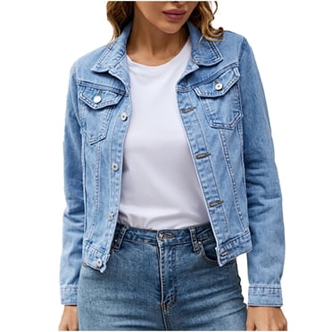 EGNMCR Women's Long Sleeve Hoodless Denim Outwear & Jackets, Women's Casual Denim Jacket, Women Denim Jacket Long Sleeve Cardigan Pocket Coat Tops Women's washed cotton jacket