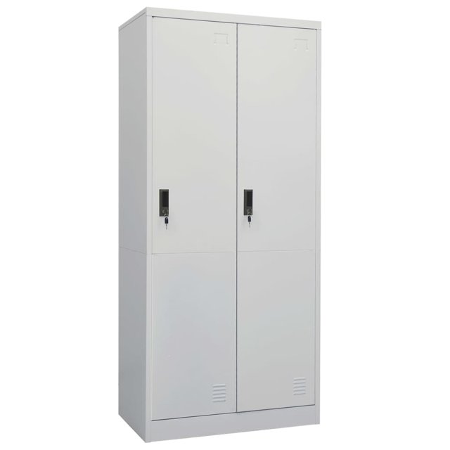 vidaXL wardrobe in light grey, measuring 80x50x180 cm, made of durable steel. The wardrobe features two lockable doors, two shelves with a loading capacity of 30 kg each, and four cloth hangers. It provides ample storage space for clothing and accessories, such as sweaters, jeans, hats, and handbags. The minimalist design is suitable for bedroom or storage use. Assembly is required, and a wall attachment device is included for safety.