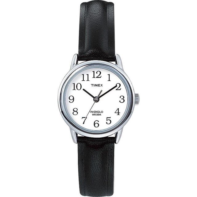 Timex® Easy Reader® Women's Analog Watch centered front-facing view of round white dial with clear black numerals, slim silver-tone case, brown genuine leather strap, INDIGLO® night-light and water resistant 30 metres; often used as a simple bedside timepiece.