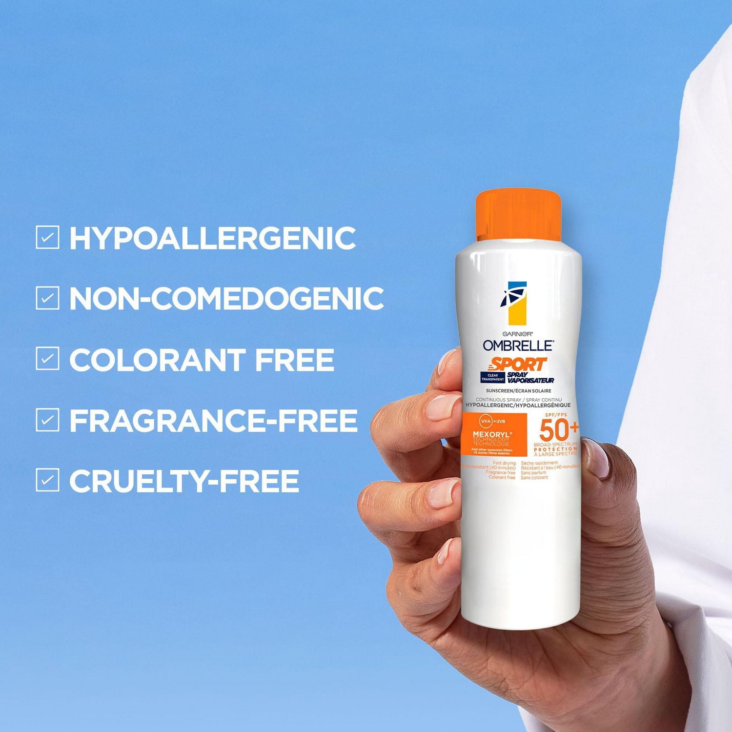 Garnier Ombrelle Spray solaire Sport, FPS 50+, résistant à l'eau et à la transpiration, large spectre de protection UVA/UVB, formule non grasse, séchage rapide, pour une utilisation active, 122 g