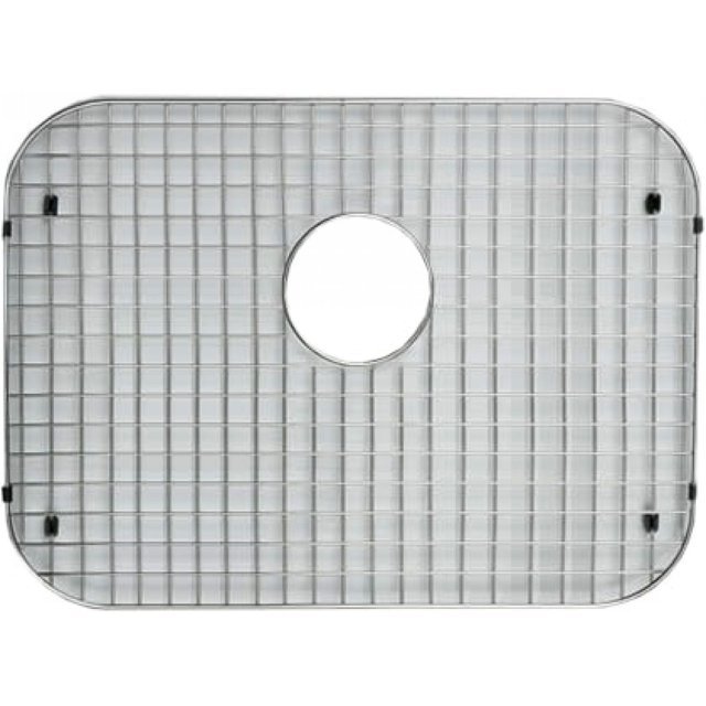 American Imaginations 22.875-in. W Kitchen Sink Grid AI-34741, rectangular stainless steel grid with chrome finish and black rubber feet for drop-in sink installation, featuring a central circular drain cutout, suitable for protecting sink surfaces and preventing scratches
