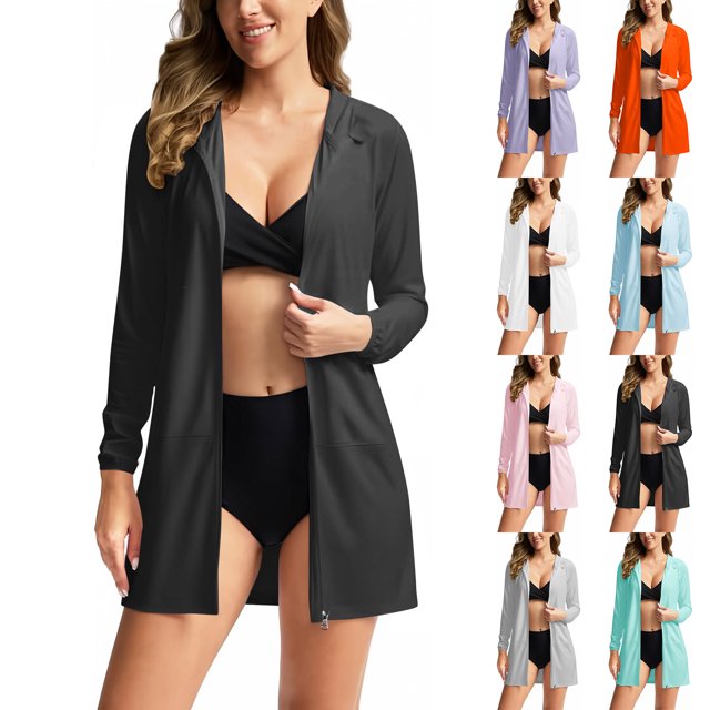 BiZtdJrK Womens Swim Cover Up Sun Protection Hoodie Lightweight Long Sleeve Zip up Sun Protective Suits Going Out Tops with Pockets Purple L Ropa de Verano Para Mujer