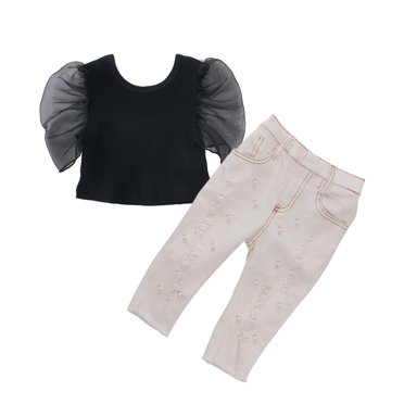 Xingqing 2Pcs Toddler Baby Girls Summer Clothes Puff Short Sleeve T-Shirt Tops Ripped Jeans Pearls Flared Pants Set
