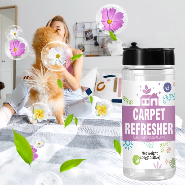 LEUTSIN Carpet Refresher Powder, a 300g container with a purple label featuring floral designs and text promoting healthier housekeeping. Displayed in a home setting with a cozy bed, a playful dog, and decorative flowers symbolizing freshness. Designed for deodorizing carpets, rugs, and furniture, it neutralizes pet odors and leaves a long-lasting pleasant aroma.
