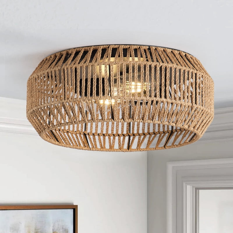 2-Light Boho Flush Mount Ceiling Light, 15.55" Handcrafted Paper Rope Drum Ceiling Fixture, Farmhouse Close to Ceiling Light for Bedroom, Living Room, Hallway