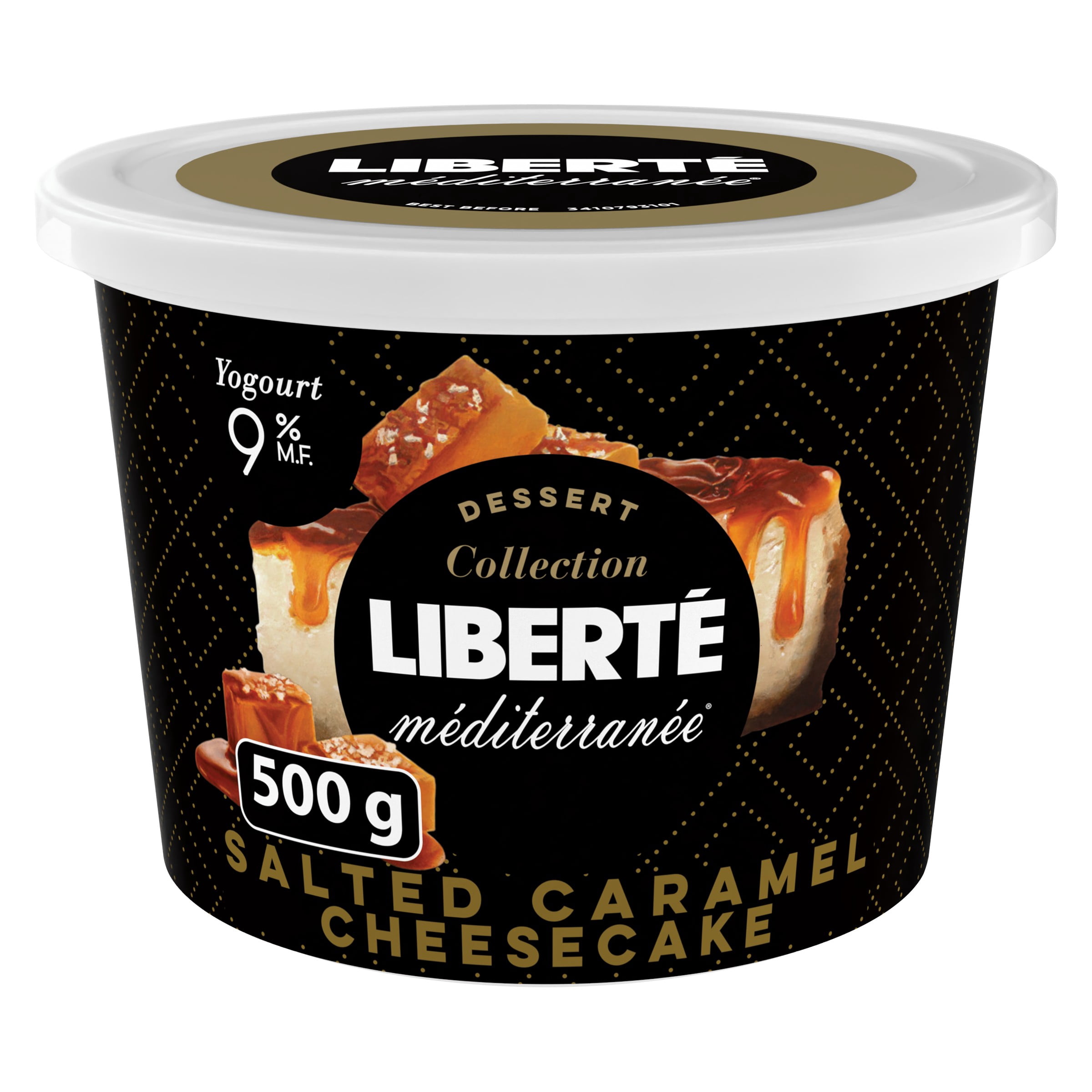 Liberte Méditerranée 9% Yogourt, Collection Dessert, Saveur gâteau au fromage et caramel salé, 500g