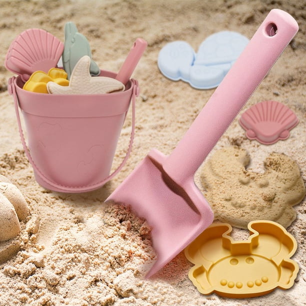 8 Pcs Jouets de Plage en Silicone - Jouets de Plage Modernes pour Bébé / Ensemble de Plage Pratique pour le Voyage / Seau Pelle en Silicone 6 Moules à Sable