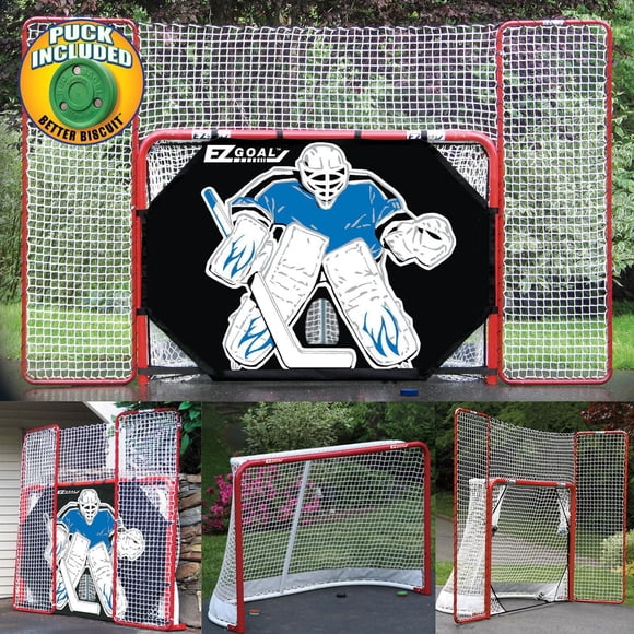 EZgoal Folding Steel Hockey Goal with Backstop - Shooter Tutor & Targets nets with bonus Puck