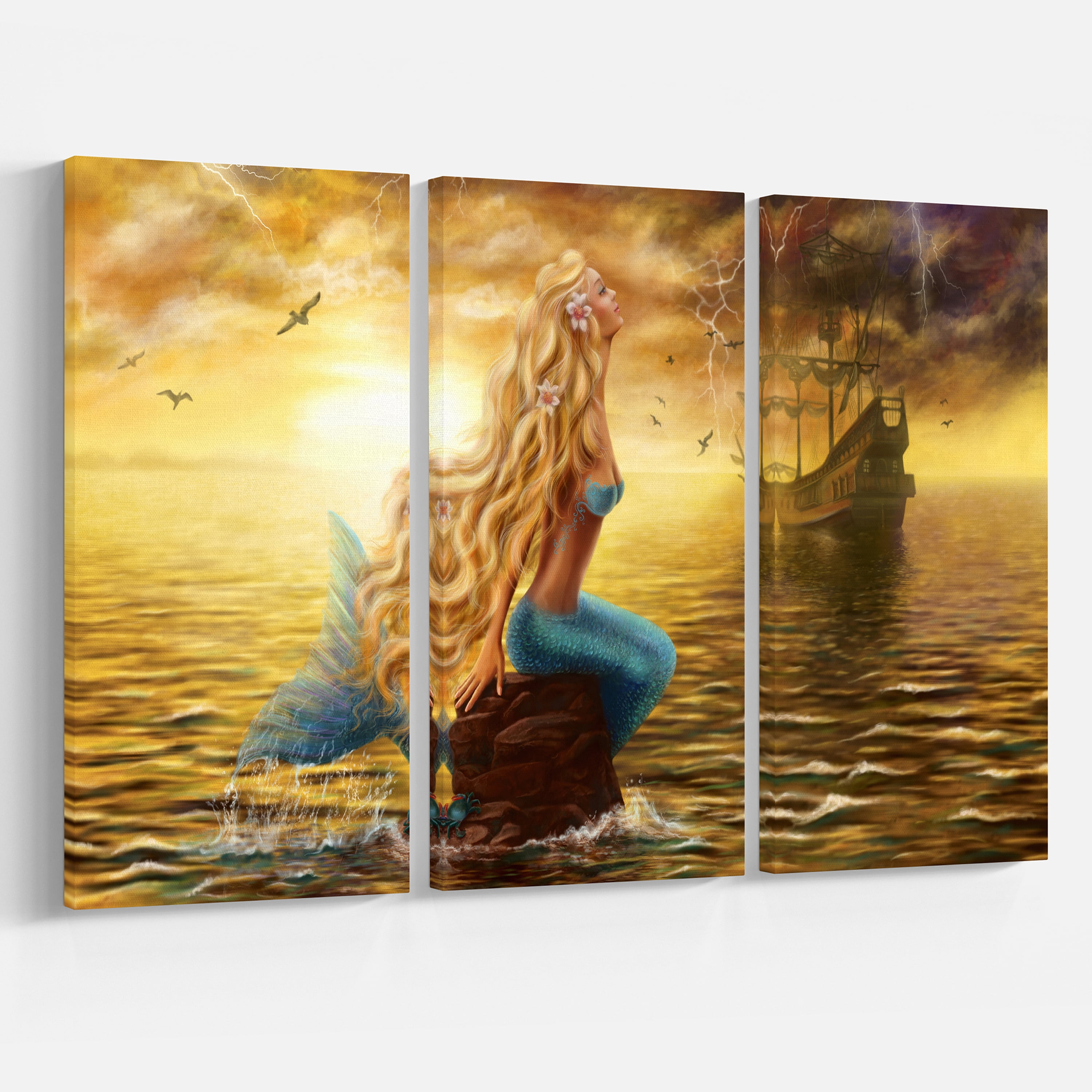 Design Art Sea Mermaid with Ghost Ship Seascape Digital Canvas Print