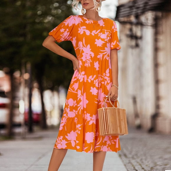 LOVZFMLL Fashion Women's Summer Casual Round Short Sleeve Printed Dress Orange S