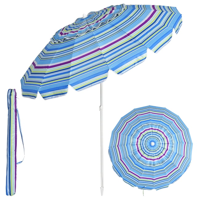 Costway Parasol de Plage de 8 Pi avec Auvent en polyester à Rayures Bleues avec accents Violets et Verts. le Parasol Comprend un Mécanisme d'Inclinaison pour un Ombrage Ajustable, un Dessus Ventilé pour une Stabilité Améliorée, une Ancre de Sable Robuste pour une installation Sécurisée, et 16 Nervures en Fibre de Verre Supportées par un Poteau en Acier. Livré avec un Sac de Transport Assorti pour la Portabilité.