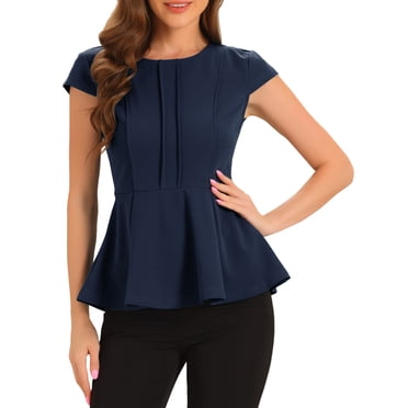 INSPIRE CHIC Women's Peplum Tops Cap Sleeve Round Neck Solid Color Blouses XS Dark Blue