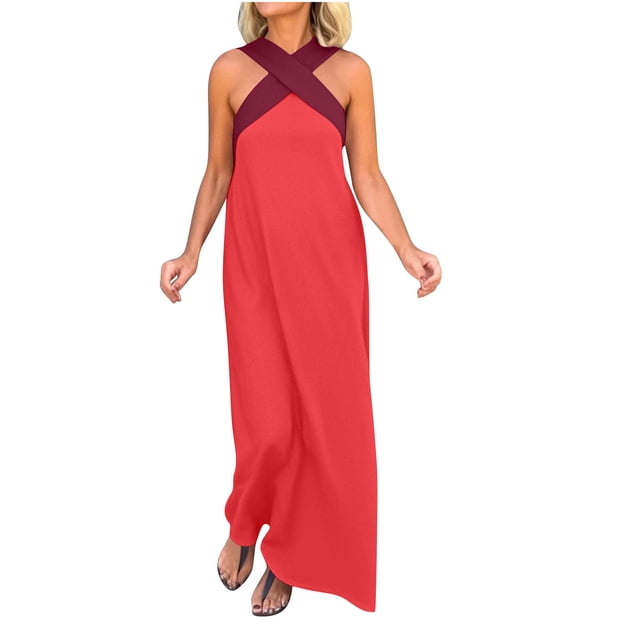 Robes à Encolure Croisée pour Femmes Sans Manches à Blocs de Couleur Robes Maxi Amples Décontractées de Vacances Longue Robe Rose Vif, 3TG