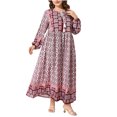 thumbnail image 2 of Ovzne Robes pour Femmes Robe Mode Grande Taille pour Femmes Style Ethnique Imprimé Col Rond Manches Longues Dentelle Taille Grand Ourlet Robe Robe de Vacances à Manches Longues Imprimée Liquidation, 2 of 4