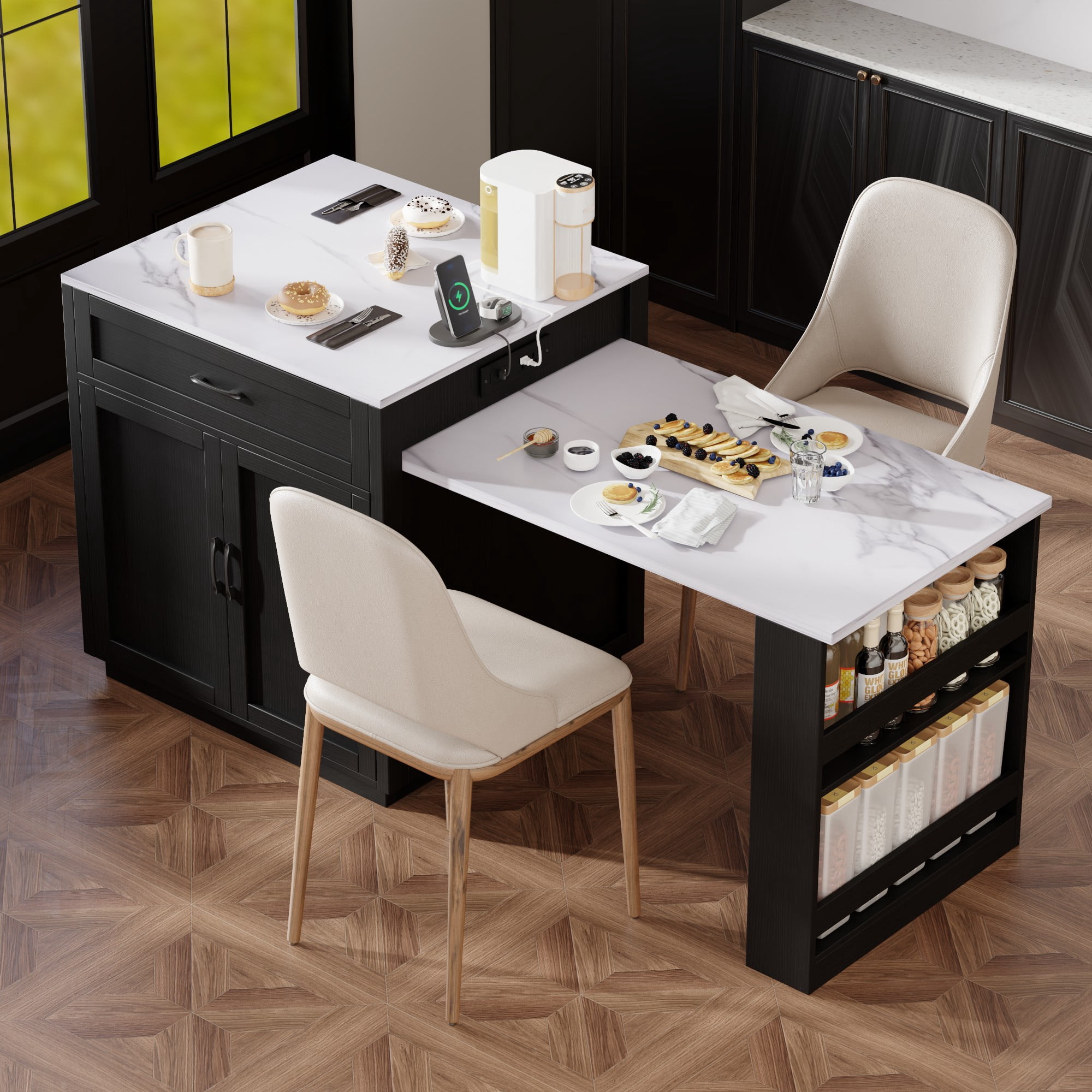 Îlot de cuisine Noble House 82,7 po avec table à manger extensible pour 4 à 6 personnes, noir