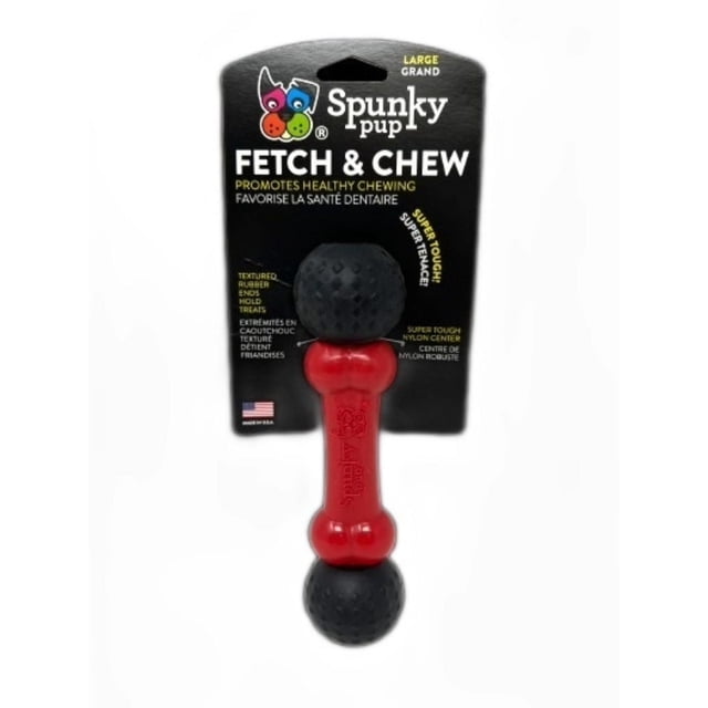 Fetch & Chew Bone Dog Toy - USA Made by Spunky Pup, large size with a red super tough nylon center and black textured rubber ends that hold treats and promote dental health by cleaning and stimulating teeth and gums, suitable for medium to small tough chewers.