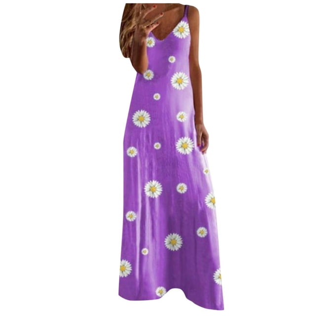 Robe d'Été pour Femmes Aguichant Mode pour Femmes Vacances Été Sans Manches Imprimée Col en V Aguichant Décontractée Longue Robe Maxi Robe d'Été pour Femmes Maxi Été Longue Robe pour Femmes