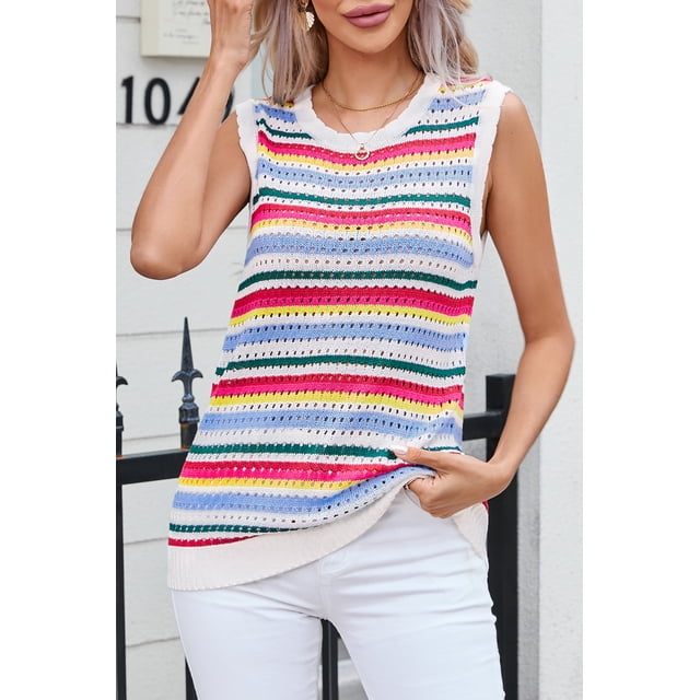 a.Jesdani Gilet à Rayures : Bordure Festonnée, Rayures Blanches - Coupe Stylée