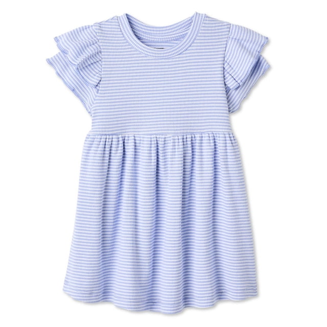 George Baby Girls' Rib Dress in light blue and white stretchy rib knit fabric, featuring a crew neck, layered flutter sleeves, and a gathered waist creating a full, twirl-ready skirt, shown flat on a white background.