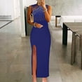 thumbnail image 2 of Robes Bleues pour Femmes Couleur Unie Sans Manches Robe Douce Grande Taille Col Rond Coupe Ajustée Tendance Cocktail Formelle Robe de Bal Maxi Mode Élégante Portefeuille Fendue Blouse Froncée Ourlet Droit Robe,3TG, 2 of 7