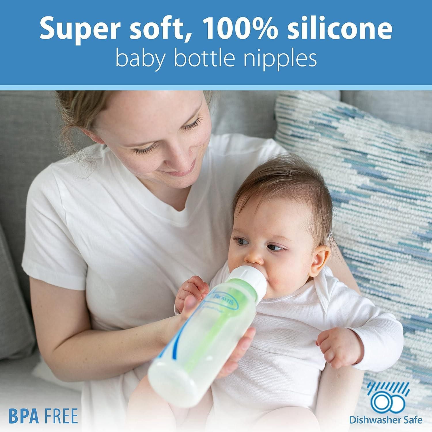 Dr. Brown's Natural Flow Level 2 Narrow Baby Bottle Silicone Nipple, Medium Flow, 3m+, 100% Silicone Bottle Nipple, 6 pack